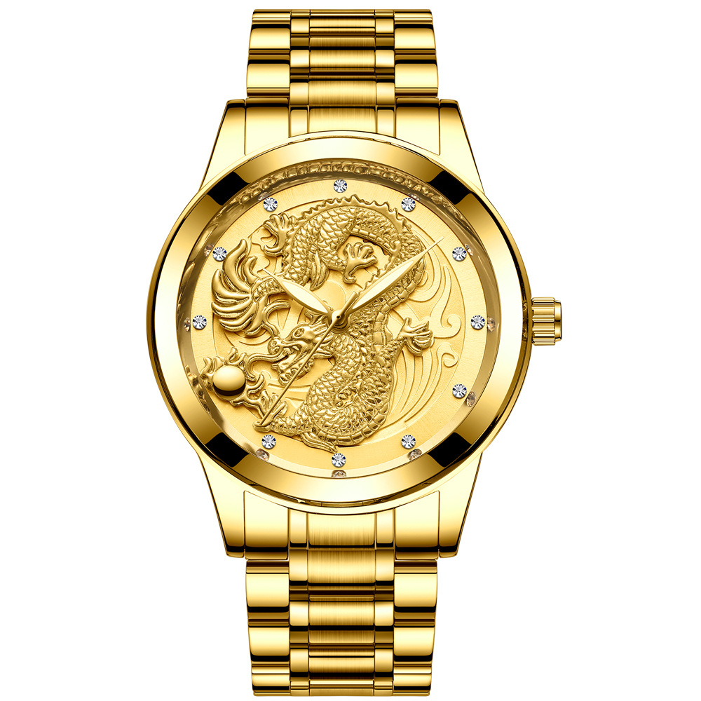 Fenzun Brand Watch Men's Non-mechanical Watch Waterproof Luminous Gold Quartz Ultra-thin Steel Strap Dragon and Phoenix Couple Watch