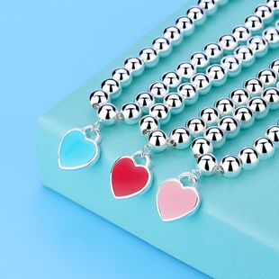 European and American imitation S925 sterling silver round beads bracelet beaded enamel peach heart love-shaped women's silver jewelry with beads bracelet