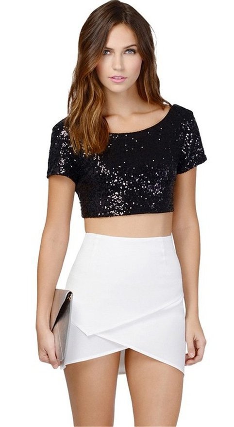  Xia Xin sexy sparkling eye-catching sequin backless crop top multi-color T-shirt