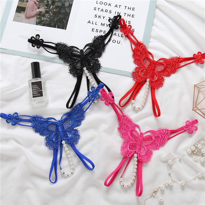 Sexy Underwear Women's Lace Embroidered Thong T-Pants Transparent Open File Sexy Pearl Massage Valentine's Day