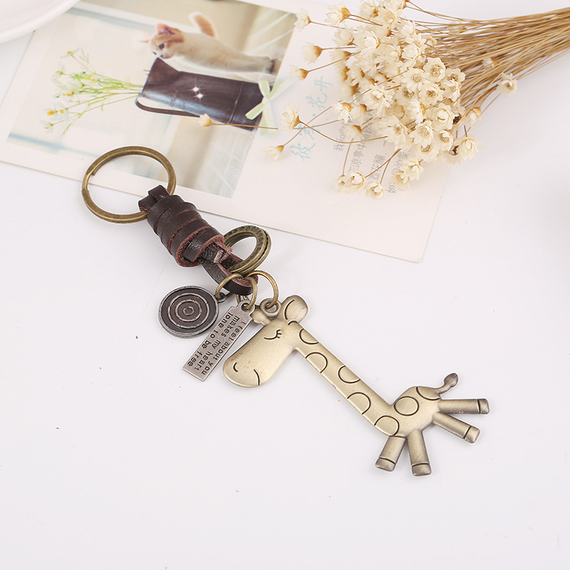 Punk factory direct vintage cowhide keychain bronze cute giraffe genuine leather keychain creative small gift