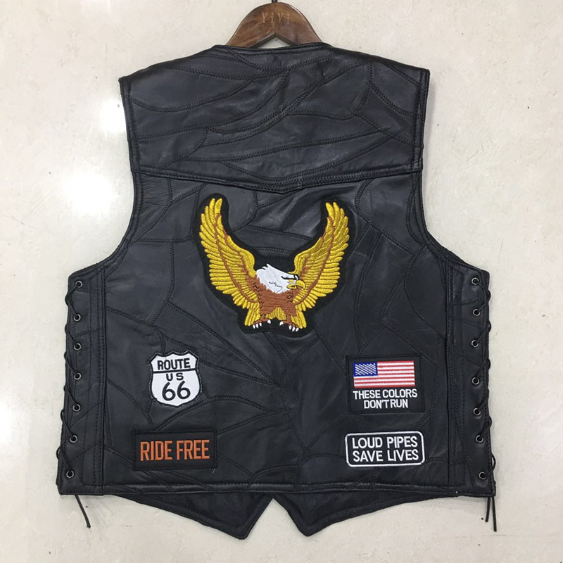 Harley Motorcycle Vest Riding Waistcoat Men's Leather Vest Golden Eagle 9 Embroidered Badge Pad