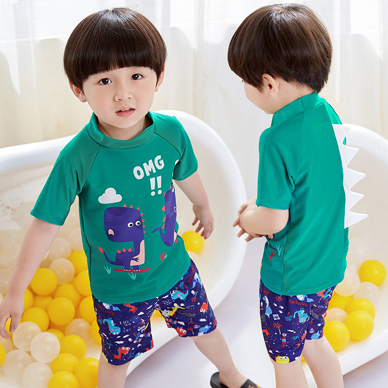New Children's Swimwear Boys Split Swimwear Big Kids Baby Cartoon Dinosaur Boys Swimwear with Horns Wholesale