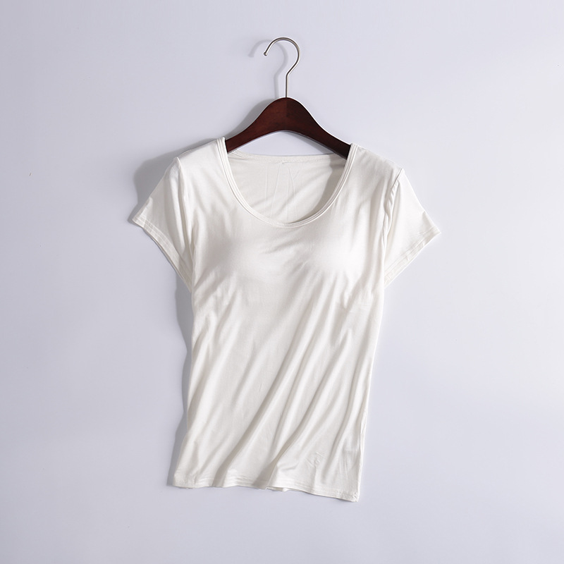 Modal T-shirt Women's Spring and Autumn Solid Color Short-sleeved Bra-free Yoga Bottoming Outer Wearing Cup All-in-one Home Clothes Inner Wearing