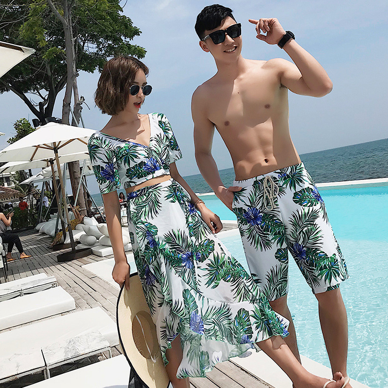 メーカー卸売り新型カップル水着ファッションスーツ女性三点セットセクシー分体平角ズボン男性五分ズボン|undefined