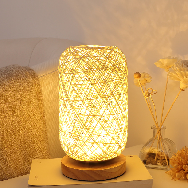 Bedroom bedside personalized decoration creative dimmable LED night light wooden hemp rope rattan ball table lamp small hemp ball table lamp