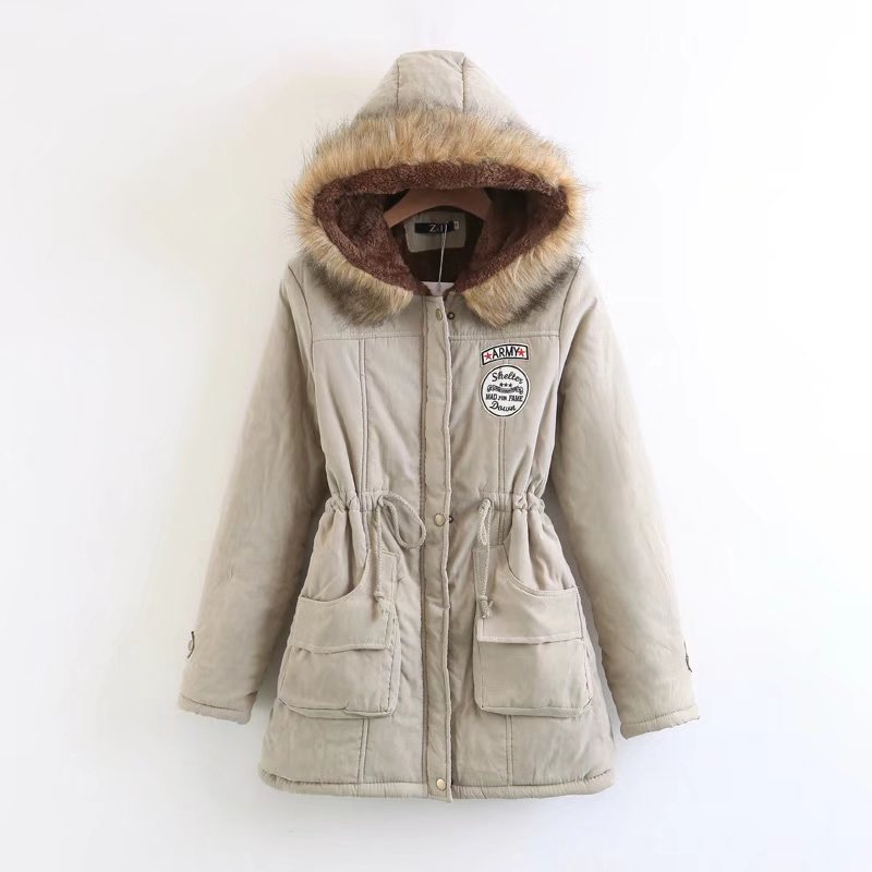 Autumn and Winter thickened coat plus size hooded mid-length cotton-padded coat fur collar lambswool fur drawstring cotton-padded coat for women Wholesale