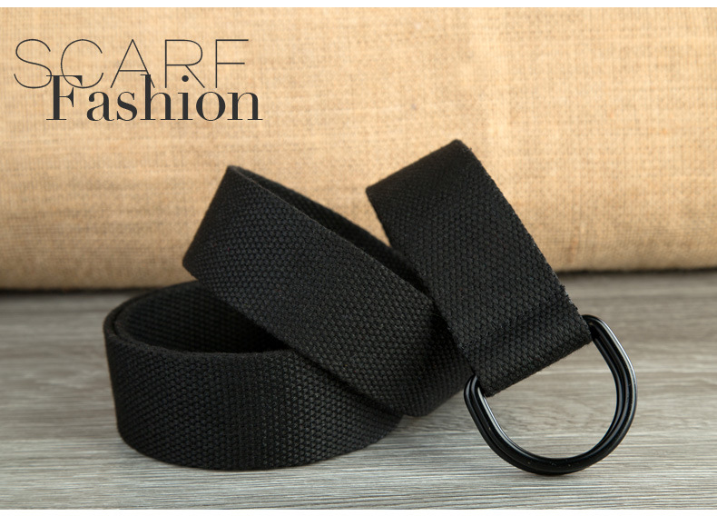 Double-loop Canvas Belt Men's and Women's Black D-shaped Buckle Cloth Belt Half-ring Long Canvas Belt_voghion.com