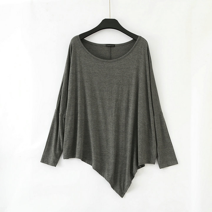 Autumn New Large Size Loose Bat Long-sleeved Irregular Base Shirt Slant Hem Modal T-shirt Dance Top
