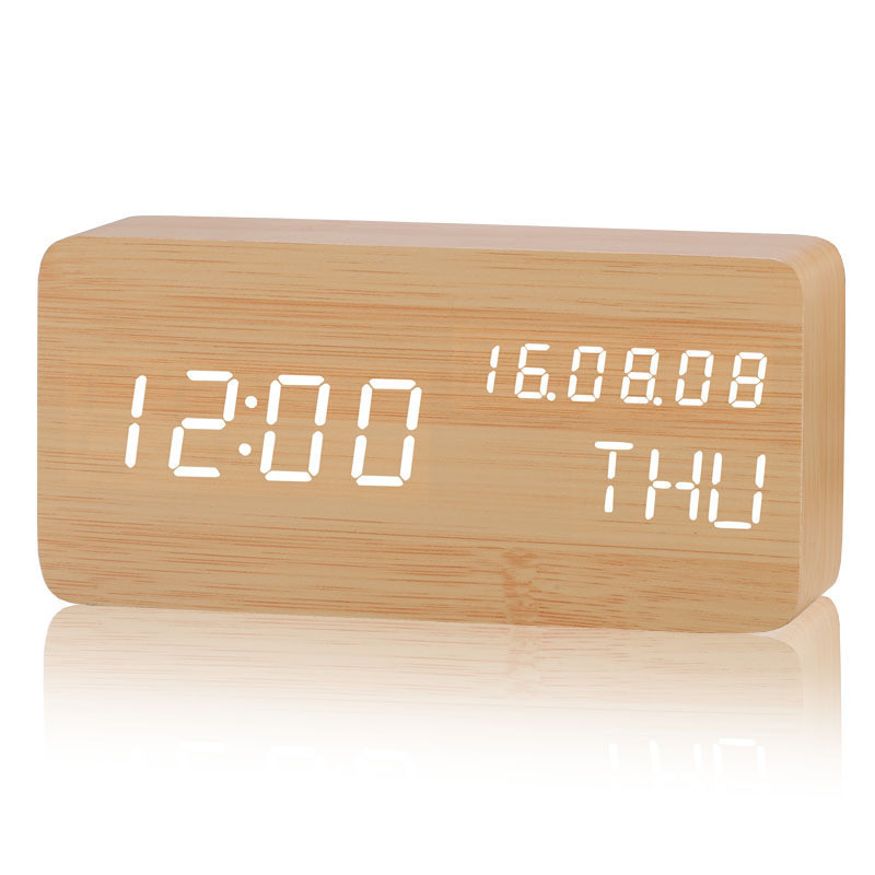 Direct supply rectangular perpetual calendar wooden clock desktop led electronic voice control wooden clock student wake-up alarm clock cross-border