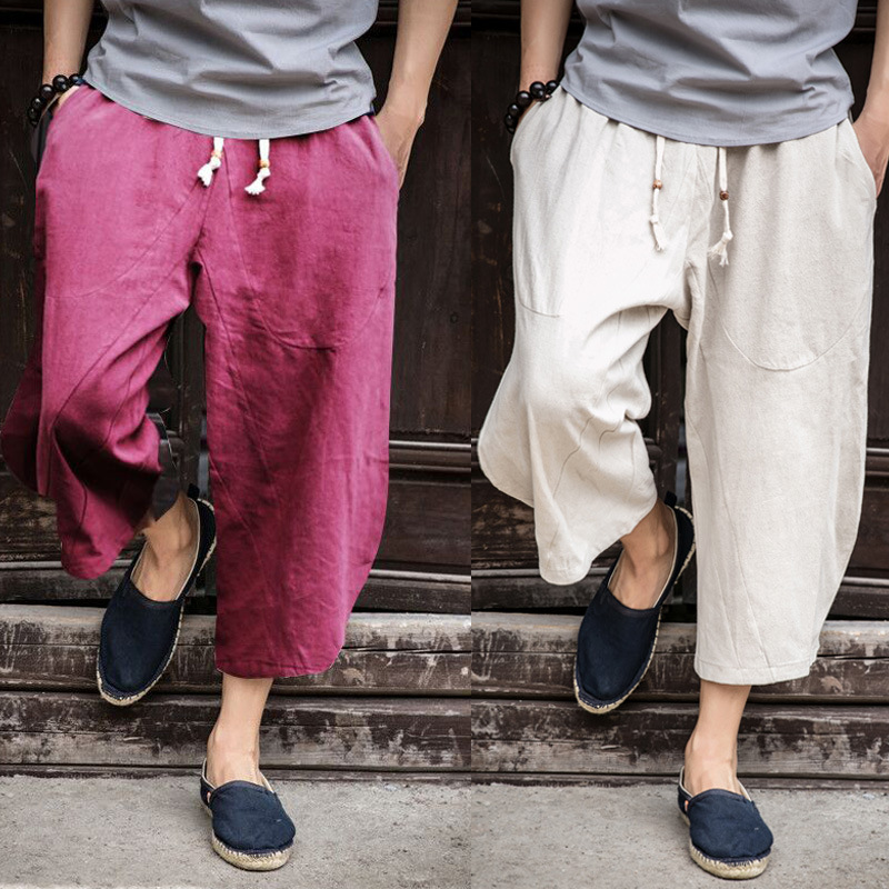 Loose Large Size Cotton and Linen Capri Pants K883 Trendy Men's Big Pants Fat Shorts Casual Wide Leg Linen Pants Summer