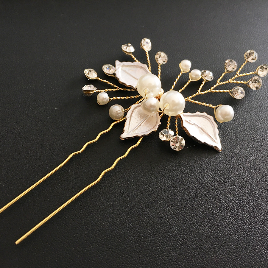 Station Cross-border Alloy White Leaf Handmade Pearl Diamond Hairpin Hairpin Bridal Headwear