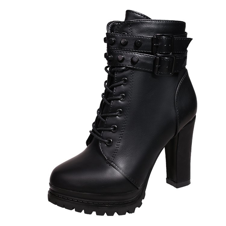 2023 autumn and winter New Martin boots Women's European and American plus velvet high-heeled short boots thick heel round head lace rivet leather boots wholesale