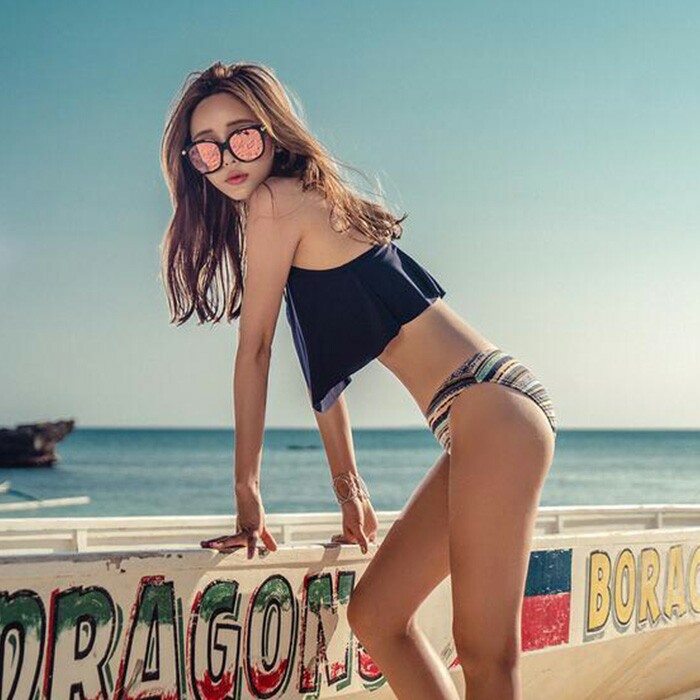 South Korea retro women's swimsuit split steel support two-piece suit large and small chest push up bohemian style swimsuit