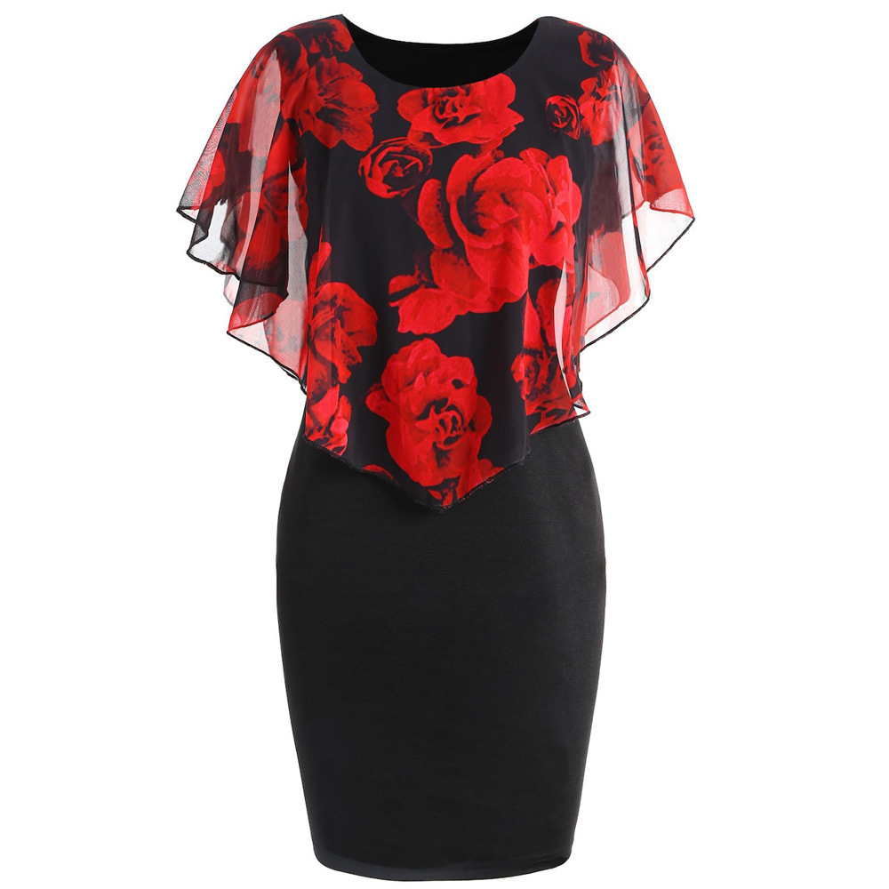 AliExpress Amazon New Rose Printed Shawl Women's Slim-fit Large Size Dress