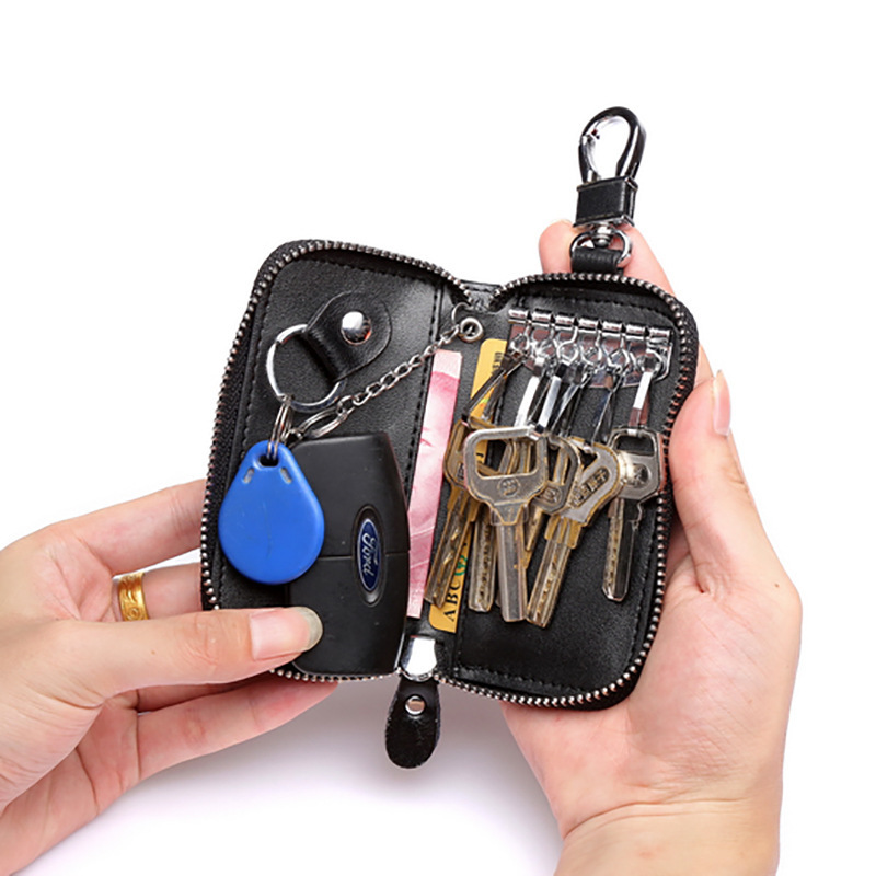 Genuine leather creative large capacity zipper key bag for men's waist hanging real leather women's card bag car multi-function key button