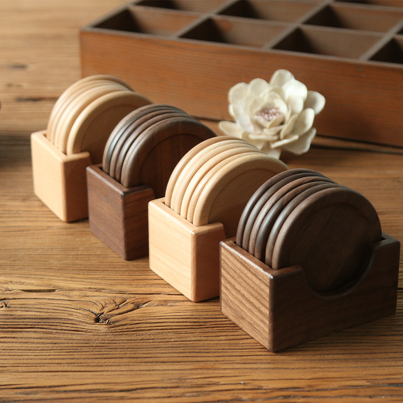 Japanese Style Wooden Coaster suit Black Walnut Solid Wood Round Placemat Heat Insulation Mat 6 Pieces Boxed Base Engraving Logo