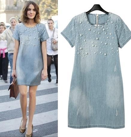 2018 European and American Cross-border AliExpress Amazon Summer Loose Short-sleeved A- word Washed Denim Bead Dress for Women