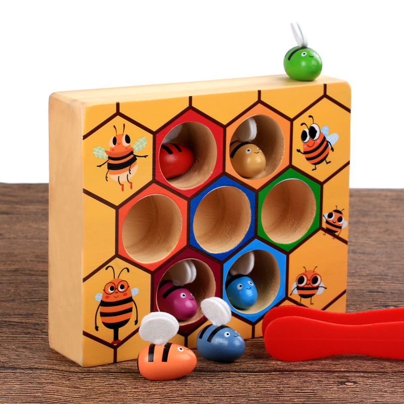 Wooden children's Montessori educational clip music Beehive Game early education educational color cognitive clip little bee toy