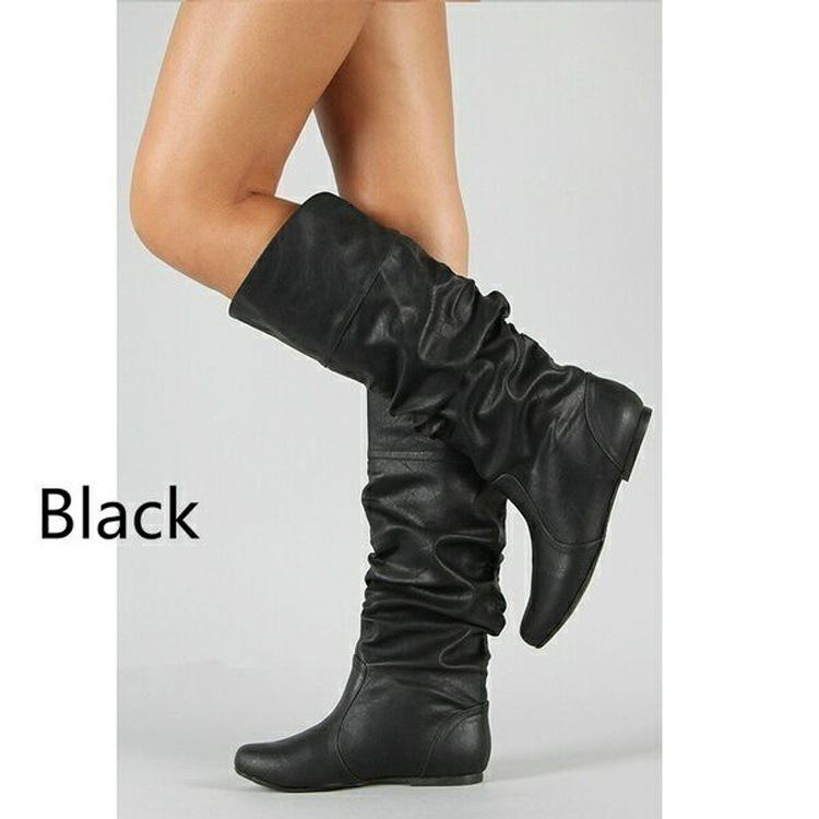 Cross-border foreign trade popular flat boots for women autumn and winter new hidden height PU leather surface round toe slip-on slimming women's boots
