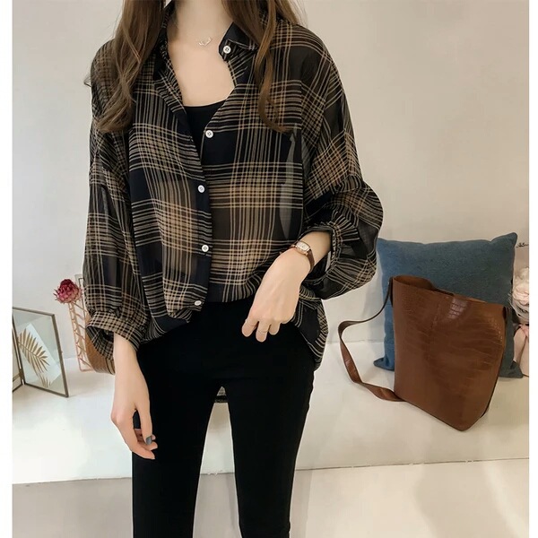 2023 Early Autumn Women's New chic Loose BF Plaid Shirt Women's Long Sleeve Hong Kong Style Top Korean Style Shirt