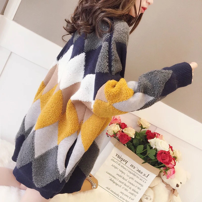 Autumn and Winter mid-length women's diamond loose towel embroidered contrast color knitted sweater comfortable casual cardigan coat lazy style