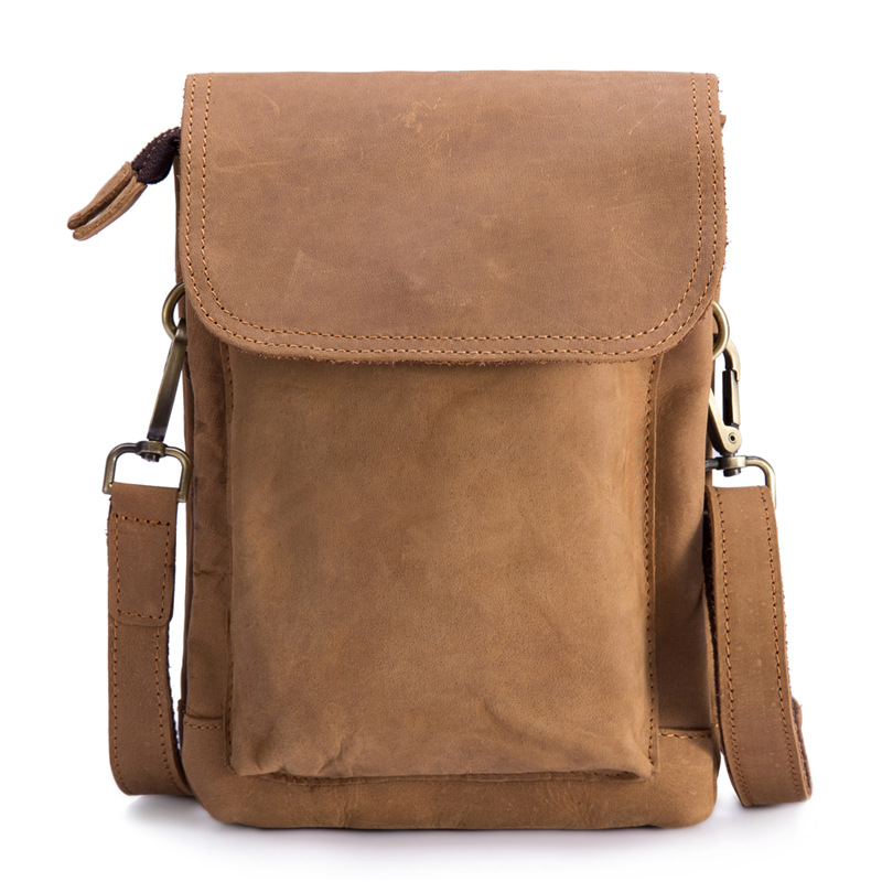 2019 New Men's Crazy Horse Genuine Leather Waist Bag Oil Wax Leather Shoulder Bag Pants Hanging Bag Mobile Phone Bag Crossbody Bag Vintage