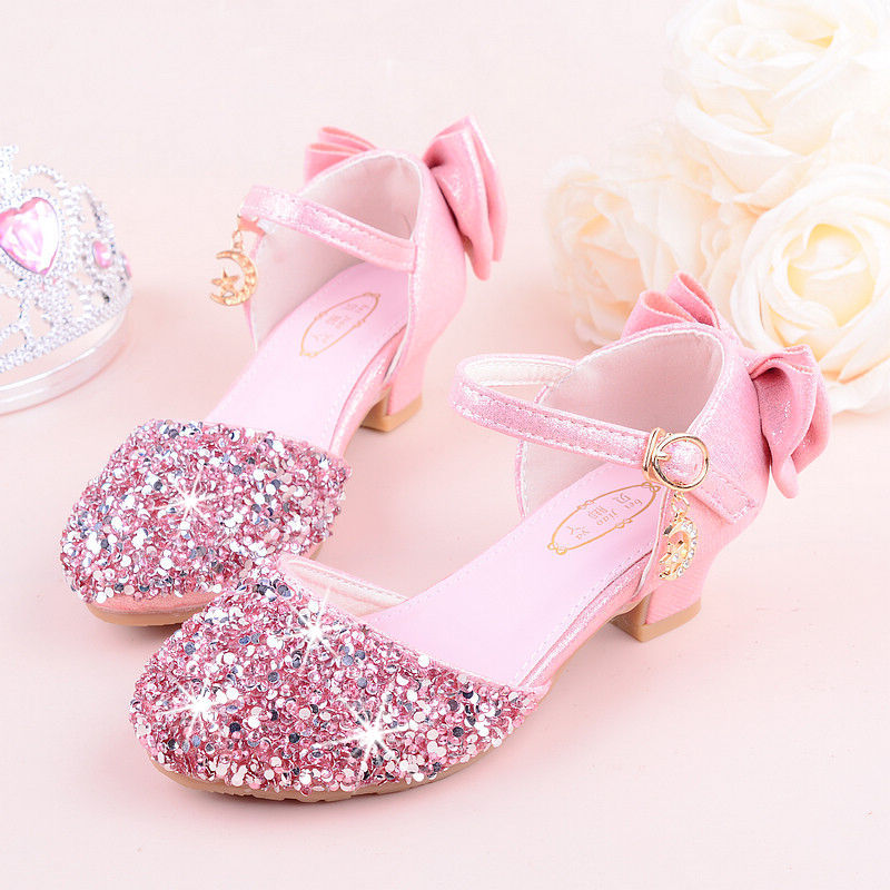 Girls Sandals High Heel 2023 Summer Rhinestone Bow Princess Model Performance Crystal Shoes Silver New Trendy