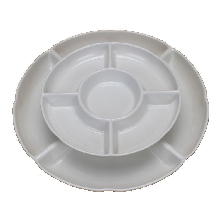 Candy five-compartment brine plate round plate tableware melamine imitation porcelain white fruit compartment TKV snack plate plastic