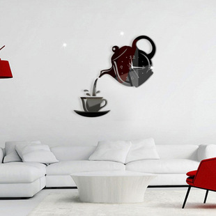 Factory direct acrylic DIY creative clock living room mute mirror teapot wall stickers clock 3D decorative wall clock
