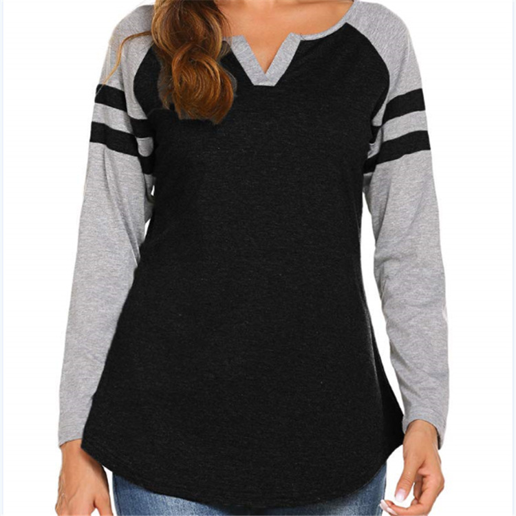 Amazon ebay explosion 2022 spring and summer new women's striped stitching long sleeve T-shirt V collar color matching top base
