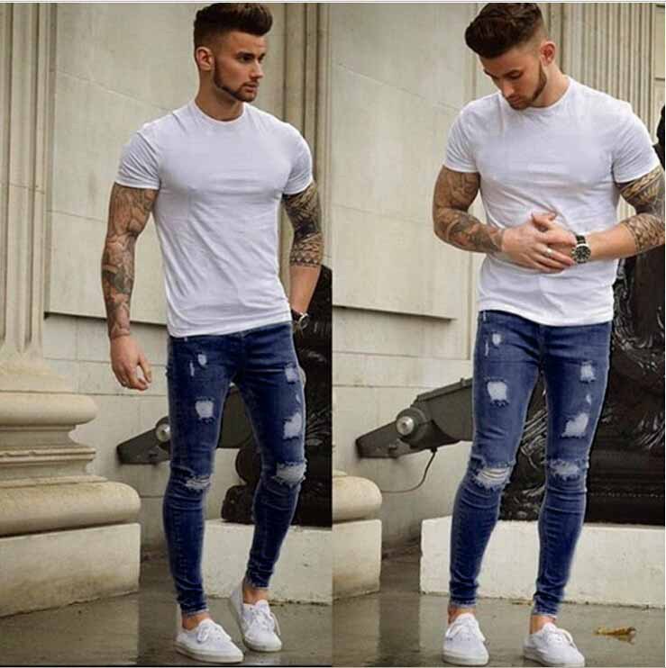 AliExpress wish foreign trade new white worn feet slim jeans wholesale European and American men's tight denim