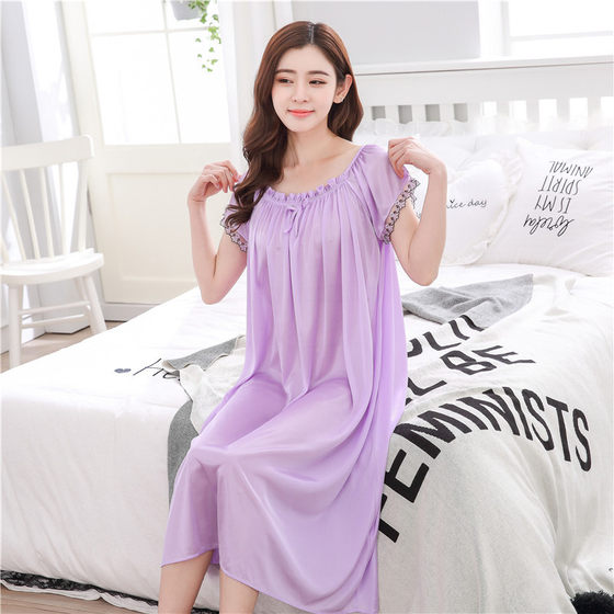Summer middle-aged and elderly plus size plus size chubby girl Women's mother Ice Silk short sleeve pregnant women's mid-length loose nightdress wholesale