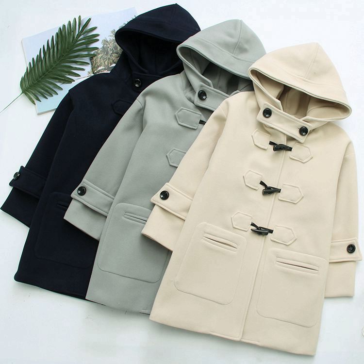 Cappotto di lana con bottoni in corno da donna, autunno e inverno, di media lunghezza, con cappuccio, per studenti, piccolo cappotto S14281_voghion.com