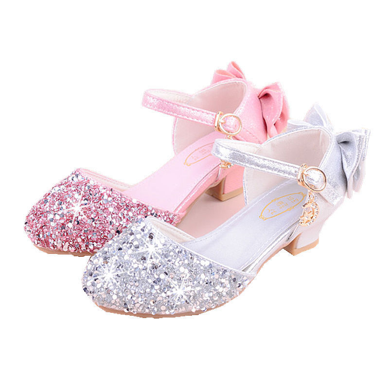 Girls Sandals High Heel 2023 Summer Rhinestone Bow Princess Model Performance Crystal Shoes Silver New Trendy
