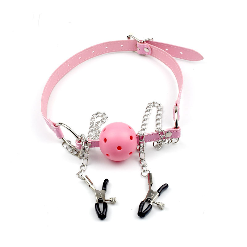 Milk clamp mouth ball with iron chain erotic flirting mouth ball female device adult supplies mouth plug milk clamp integrated production 
