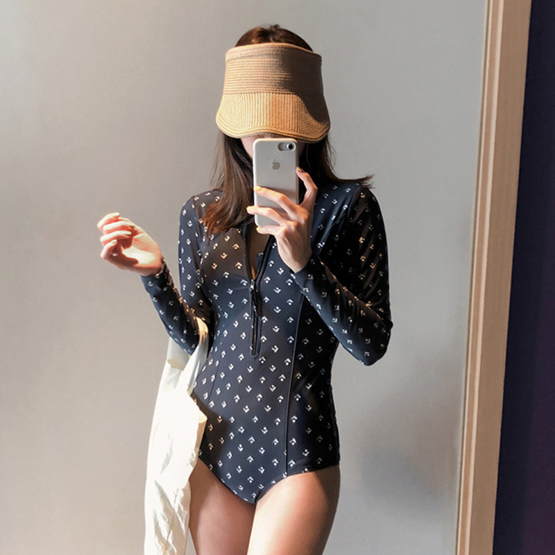 Korean style ins swimsuit women's 2022 one-piece small chest long sleeve belly covering slimming snorkeling hot spring conservative swimsuit