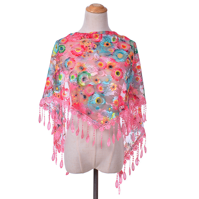 Scarf Triangle Scarf Women's Fashion Color Printed Rose Lace Tassel Hanging Spring and Autumn New