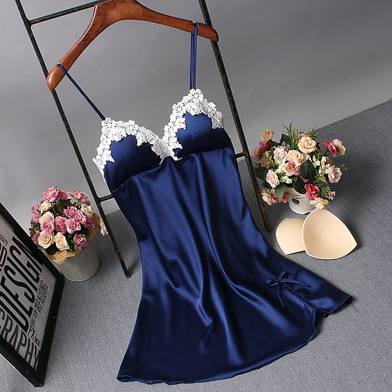 New Style Summer Silk Women's Sling Pajamas with Chest Pad Slim-fit Sexy Charming Silk Nightdress V-neck Base Skirt