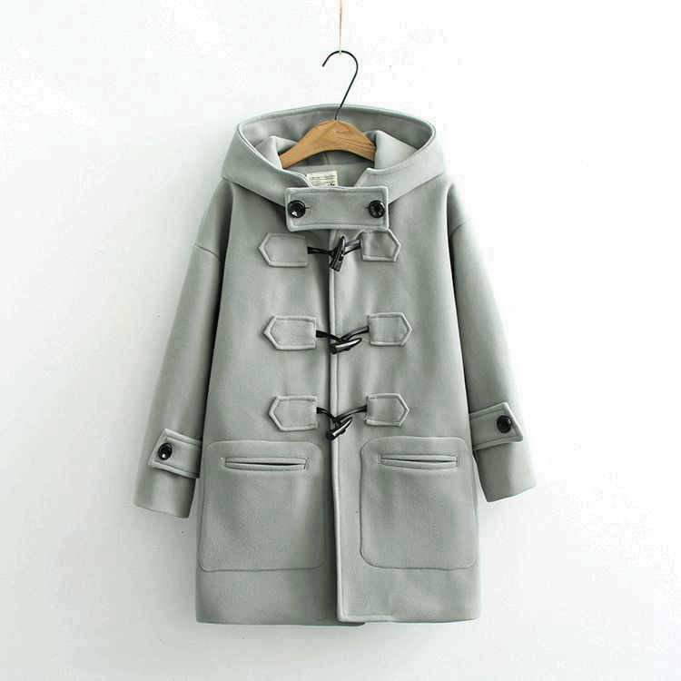 Cappotto di lana con bottoni in corno da donna, autunno e inverno, di media lunghezza, con cappuccio, per studenti, piccolo cappotto S14281_voghion.com