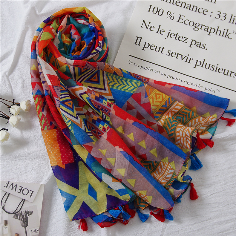 Vintage Ethnic Cotton and Linen Scarf Atmospheric Fashion Color Geometric Printing Seaside Holiday Travel Beach Towel Shawl
