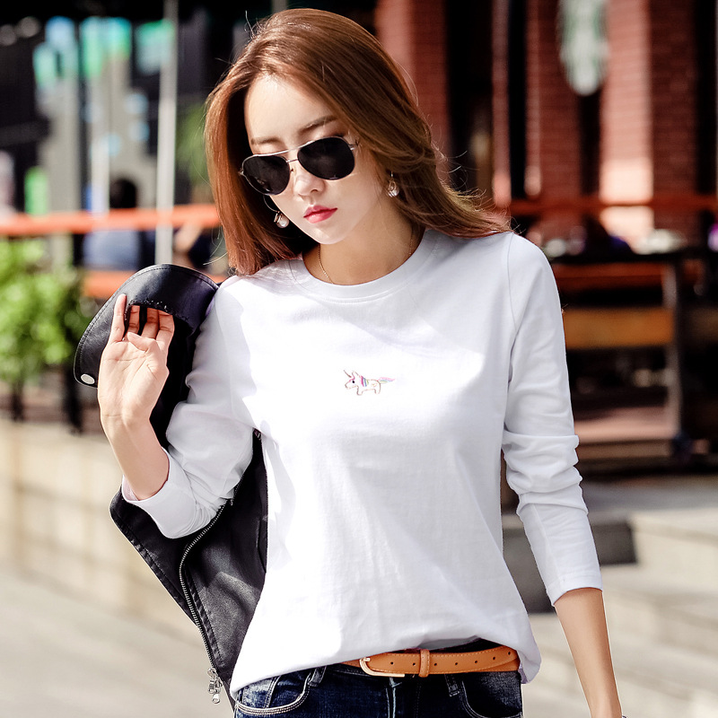 242 New Round Neck Base Shirt Women's Embroidered Long Sleeve Embroidered Cotton Basic Style Spring and Autumn Trendy INS T-Shirt