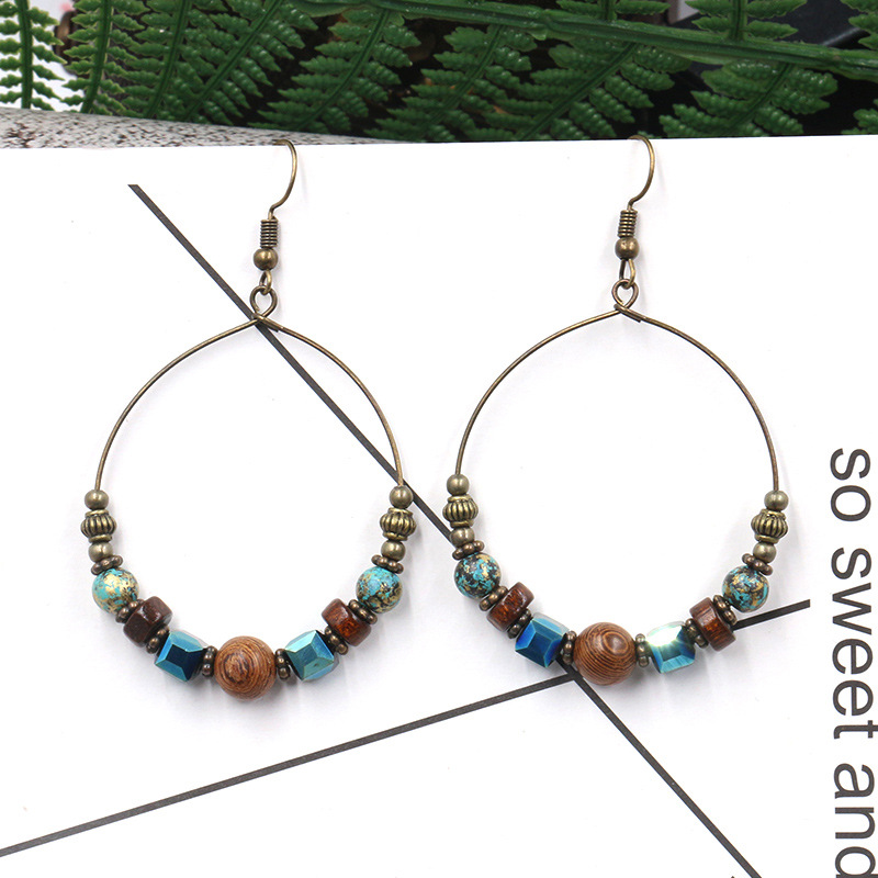 Cross-border Ethnic Style Large Circle Metal Earrings Women's European and American Fashion Round Earrings Creative Wooden Beads Turquoise Accessories