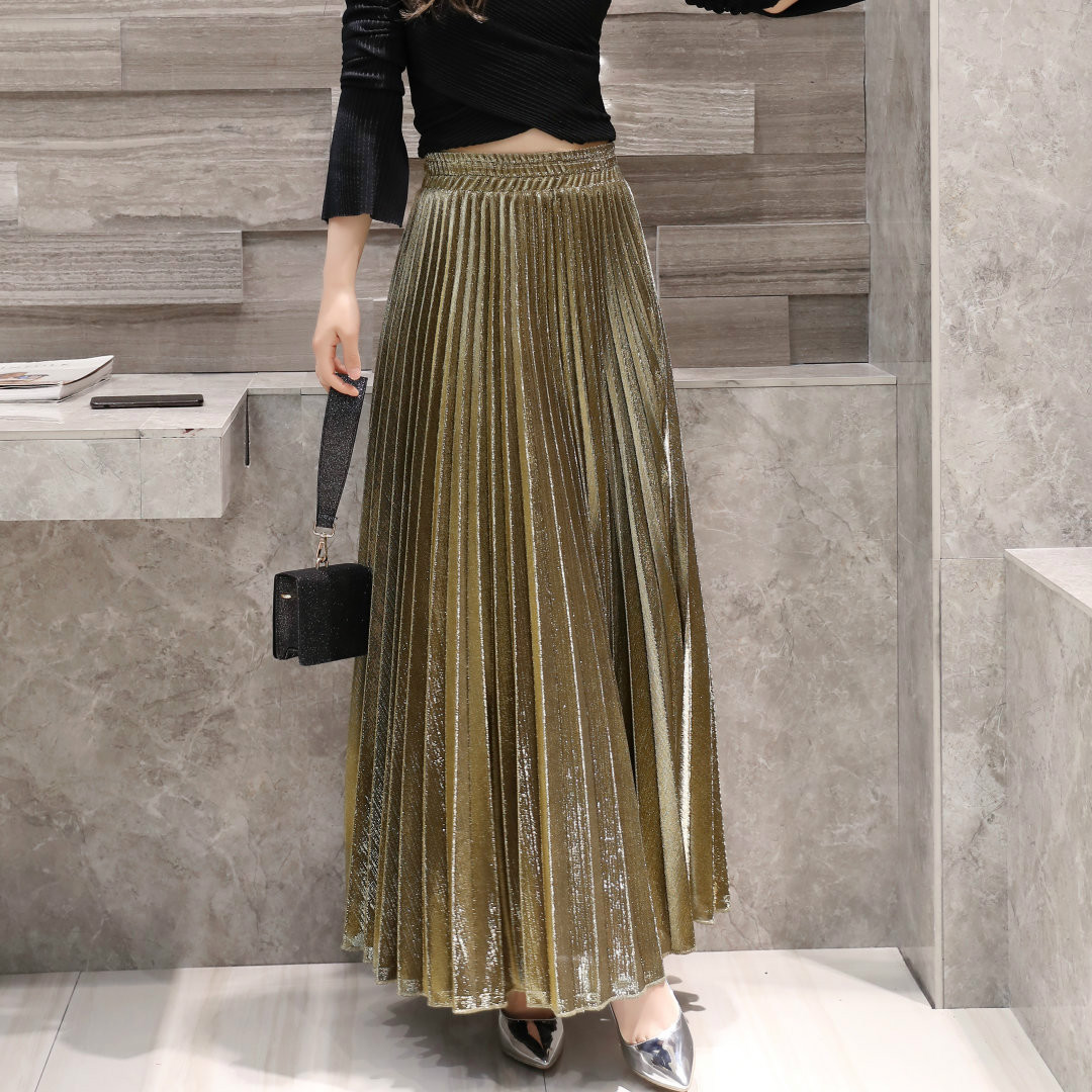 Spring and Summer new pleated skirt long skirt wholesale slim high waist large swing Golden Beach skirt for women