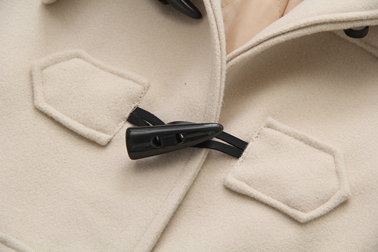 Cappotto di lana con bottoni in corno da donna, autunno e inverno, di media lunghezza, con cappuccio, per studenti, piccolo cappotto S14281_voghion.com