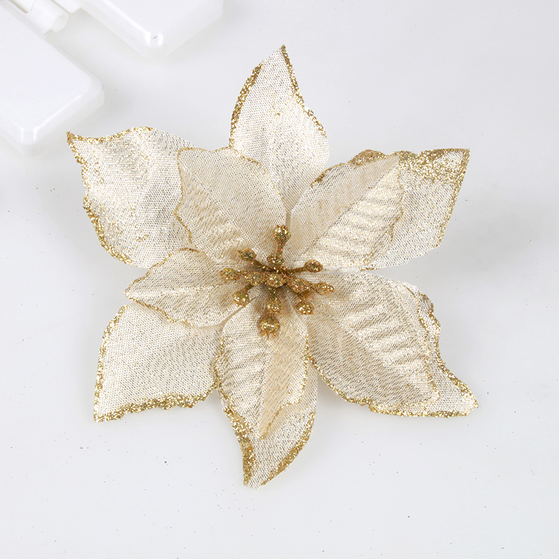 婷芷聖誕花廠家直銷仿真花樹花環配件裝飾品15CM金邊小花批發假花