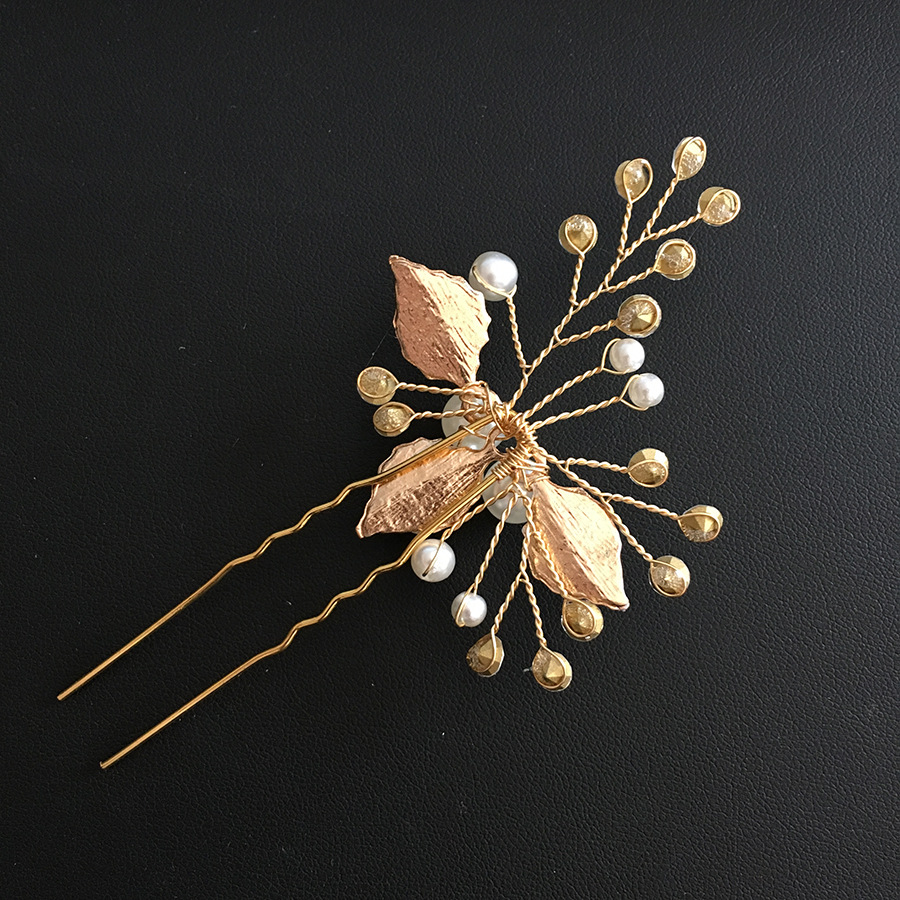 Station Cross-border Alloy White Leaf Handmade Pearl Diamond Hairpin Hairpin Bridal Headwear