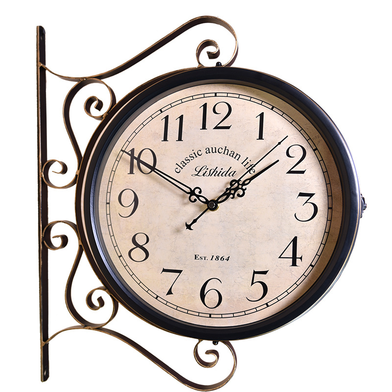 American retro silent double-sided clock personality antique creative two-sided clock Sun movement wrought iron clock