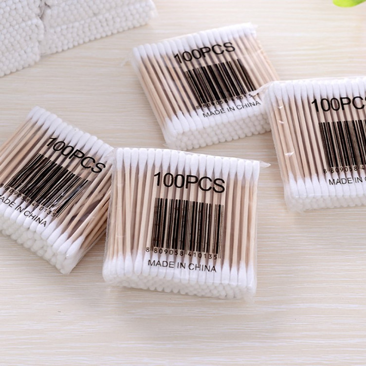 100 PCs soft bag wooden stick double-headed cotton swab makeup cotton swab sanitary cotton swab beauty stick cotton swab wholesale