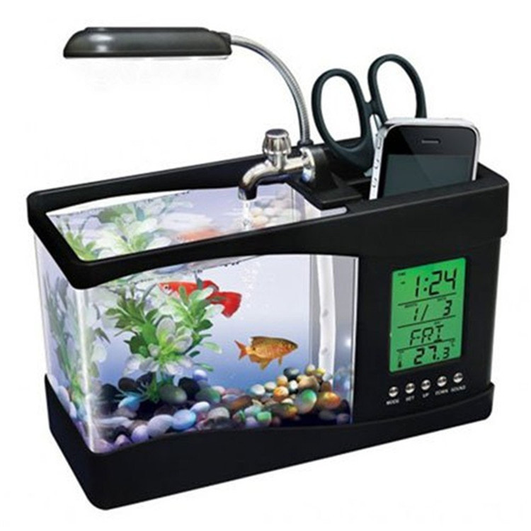 Factory direct LED small acrylic transparent aquarium USB multi-function desktop perpetual calendar mini fish tank